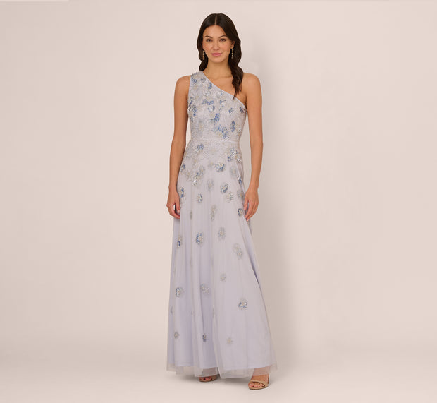 Aidan Mattox One Shoulder Beaded Mesh Gown In Serenity