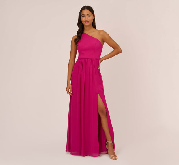 Aidan Mattox One Shoulder Chiffon Long Gown In Bright Magenta
