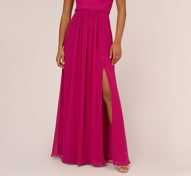 Aidan Mattox One Shoulder Chiffon Long Gown In Bright Magenta