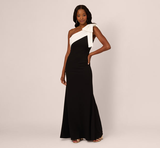 Aidan Mattox One Shoulder Color Block Bow Gown In Black Ivory
