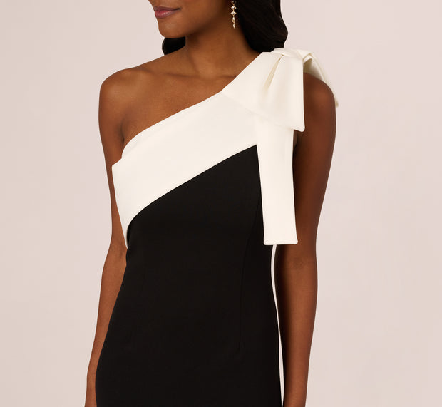 Aidan Mattox One Shoulder Color Block Bow Gown In Black Ivory