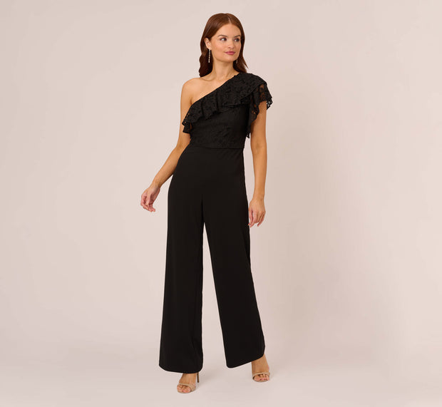 Aidan Mattox One Shoulder Crepe Jumpsuit With Lace Ruffle Details In Black