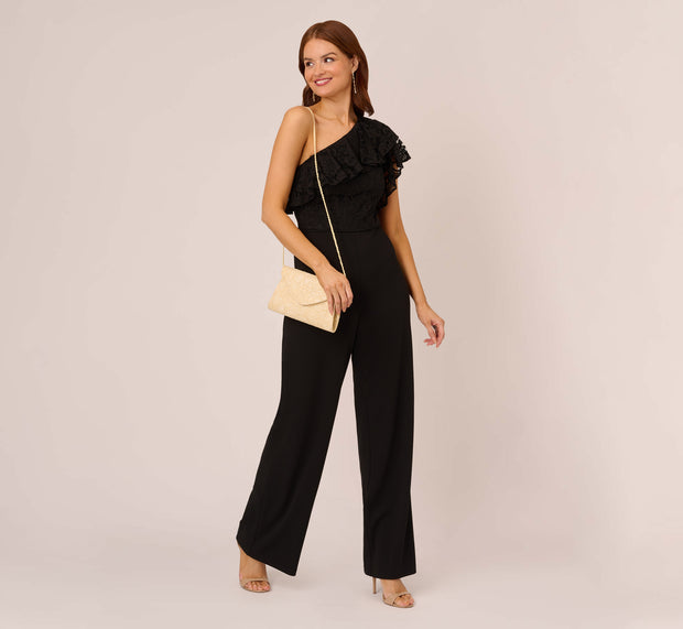aidan mattox One Shoulder Crepe Jumpsuit With Lace Ruffle Details In Black