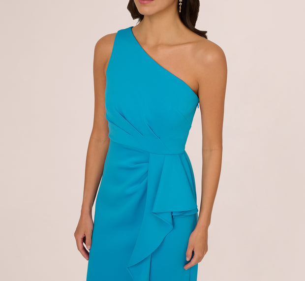 Aidan Mattox One Shoulder Draped Column Gown In Blue Azure