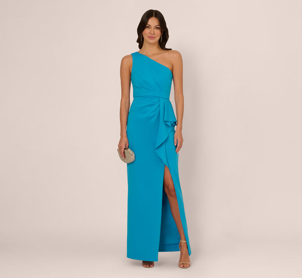 aidan mattox One Shoulder Draped Column Gown In Blue Azure