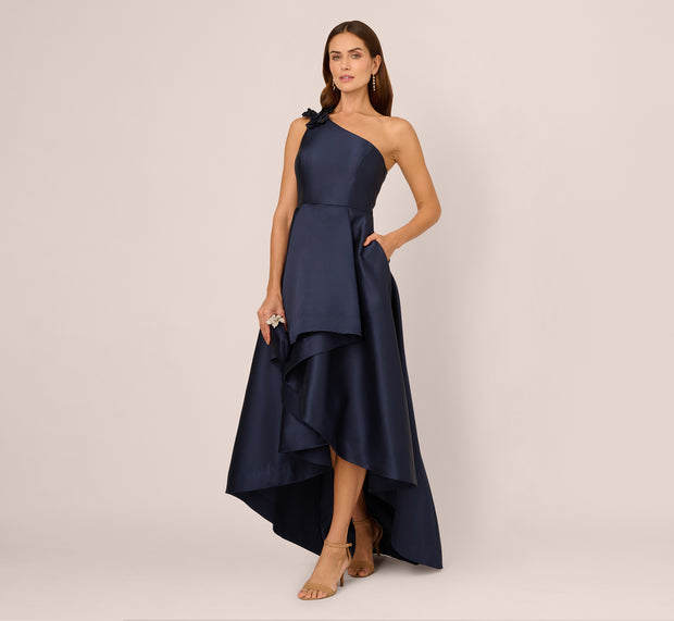 Aidan Mattox One Shoulder Draped Mikado High Low Gown In Midnight