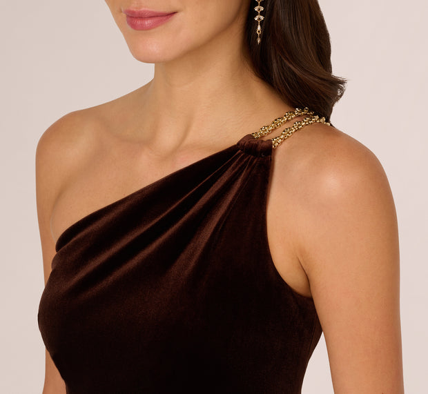 Aidan Mattox One Shoulder Draped Velvet Gown With Chain Accent In Dark Brown