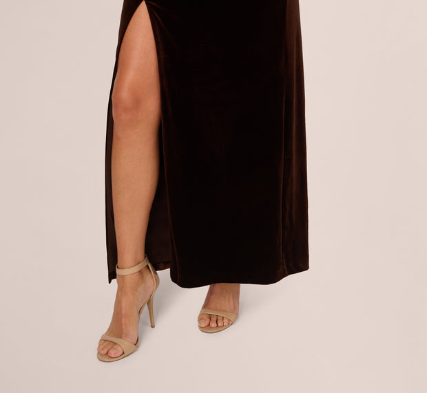 Aidan Mattox One Shoulder Draped Velvet Gown With Chain Accent In Dark Brown