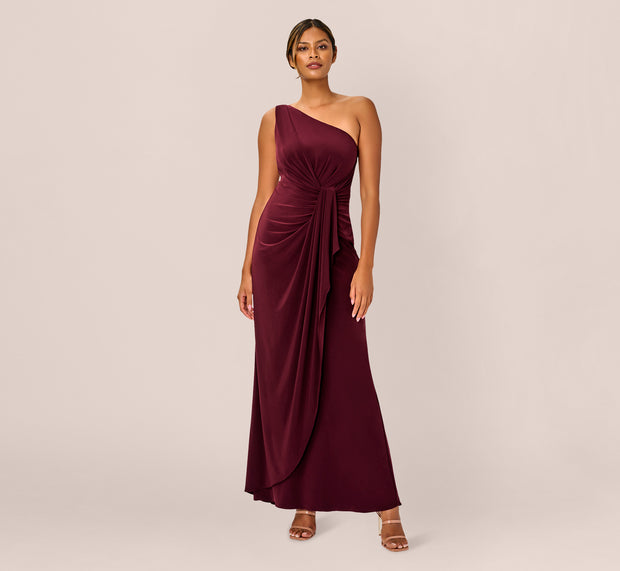 Aidan Mattox One Shoulder Dress With Draped Waist Detail In Red Wine