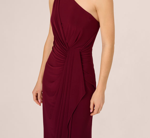 Aidan Mattox One Shoulder Dress With Draped Waist Detail In Red Wine