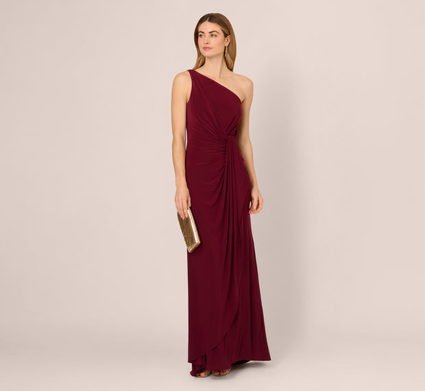 aidan mattox One Shoulder Dress With Draped Waist Detail In Red Wine