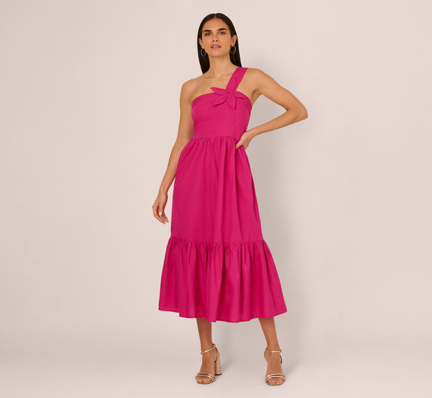 Aidan Mattox One Shoulder Floral Applique Cotton Midi Dress In Pink