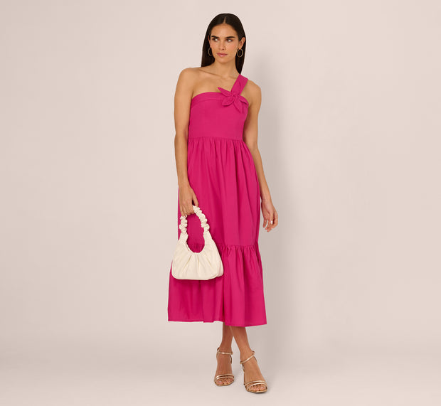 aidan mattox One Shoulder Floral Applique Cotton Midi Dress In Pink
