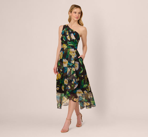 Aidan Mattox One Shoulder Floral Chiffon High Low Midi Dress In Black Yellow Multi