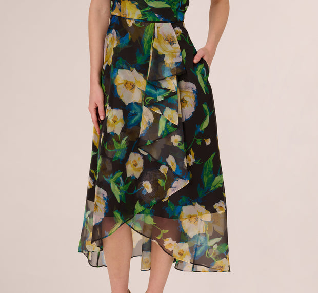 Aidan Mattox One Shoulder Floral Chiffon High Low Midi Dress In Black Yellow Multi