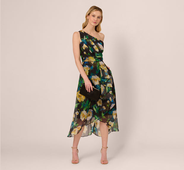 aidan mattox One Shoulder Floral Chiffon High Low Midi Dress In Black Yellow Multi