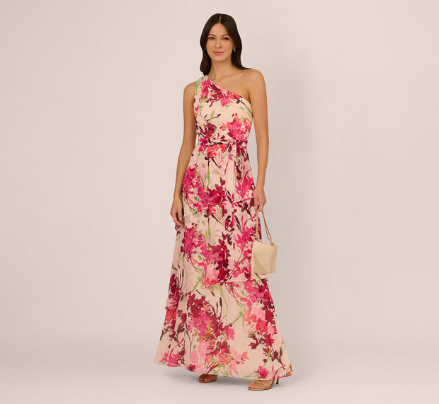 Aidan Mattox One Shoulder Floral Chiffon Tiered Gown In Alabaster Multi