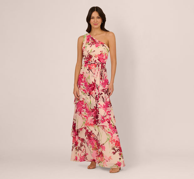 Aidan Mattox One Shoulder Floral Chiffon Tiered Gown In Alabaster Multi