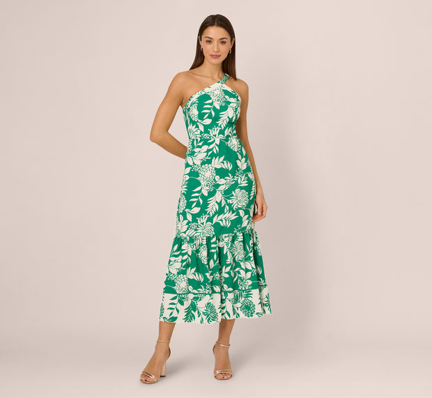 Aidan Mattox One Shoulder Floral Flounce Midi Dress In Green White
