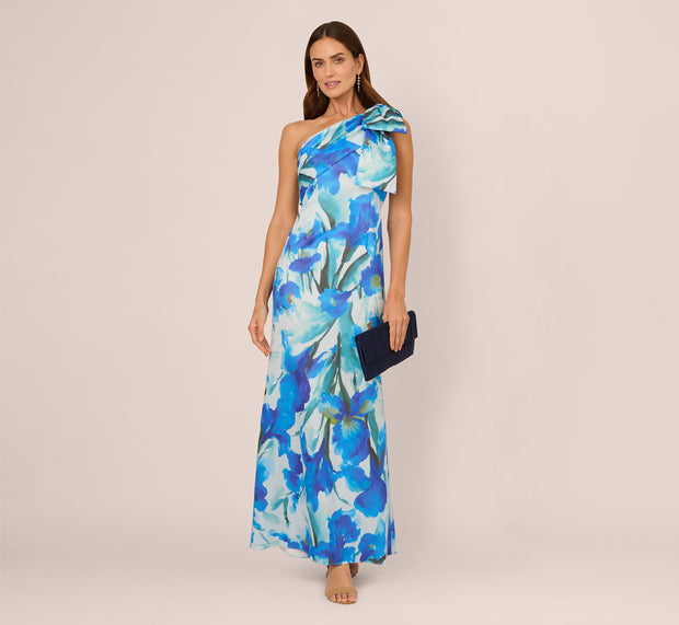 Aidan Mattox One Shoulder Floral Print Mermaid Gown In Blue Multi