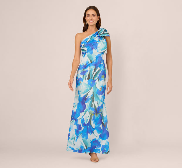 Aidan Mattox One Shoulder Floral Print Mermaid Gown In Blue Multi