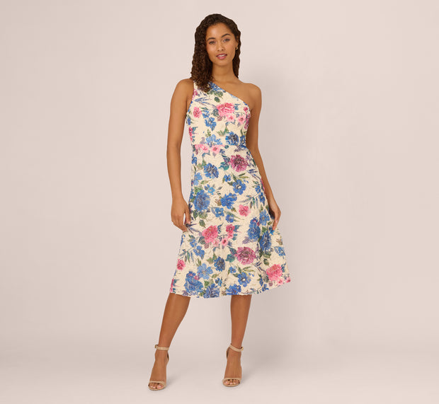 Aidan Mattox One Shoulder Floral Soutache Midi Dress In Alabaster Multi