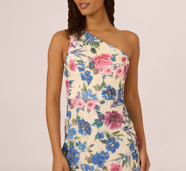 Aidan Mattox One Shoulder Floral Soutache Midi Dress In Alabaster Multi
