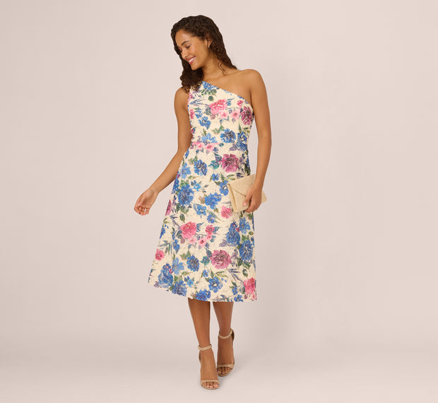 aidan mattox One Shoulder Floral Soutache Midi Dress In Alabaster Multi