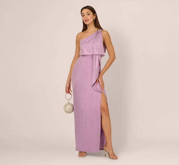 aidan mattox One Shoulder Foil Draped Popover Gown In Light Purple