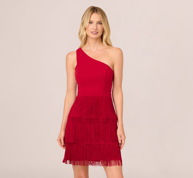 Aidan Mattox One Shoulder Fringe Mini Dress In Matador Red