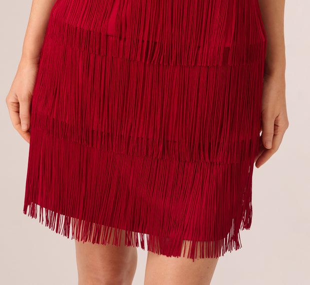 Aidan Mattox One Shoulder Fringe Mini Dress In Matador Red