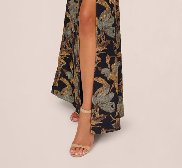 Aidan Mattox One Shoulder Jacquard Dress In Blue Gold