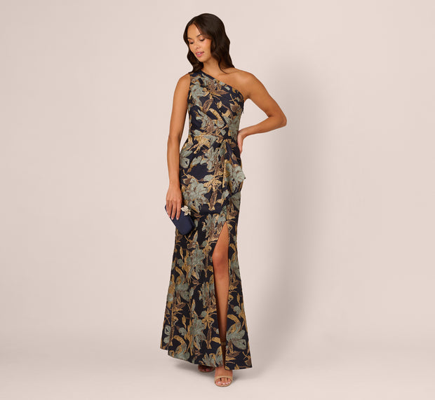 aidan mattox One Shoulder Jacquard Dress In Blue Gold