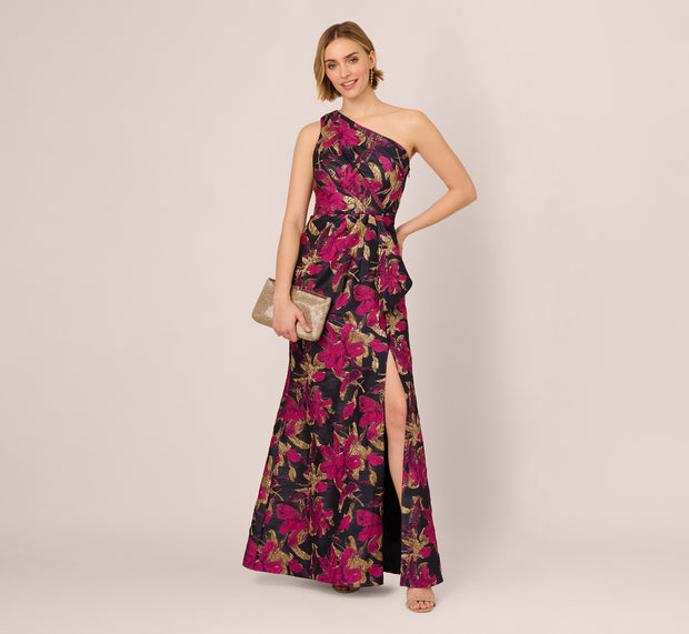 Aidan Mattox One Shoulder Jacquard Dress In Navy Pink