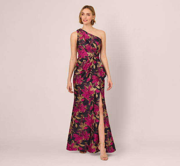 Aidan Mattox One Shoulder Jacquard Dress In Navy Pink
