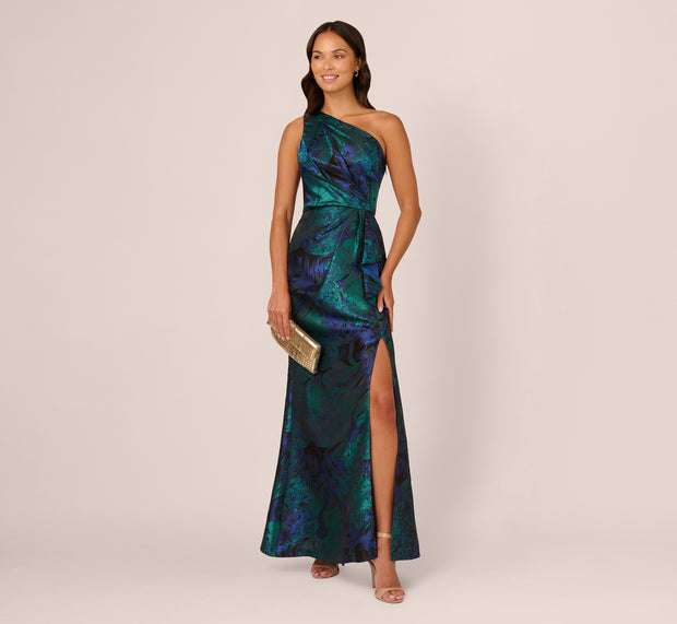 Aidan Mattox One Shoulder Jacquard Mermaid Gown With Drape Detail In Cobalt Teal