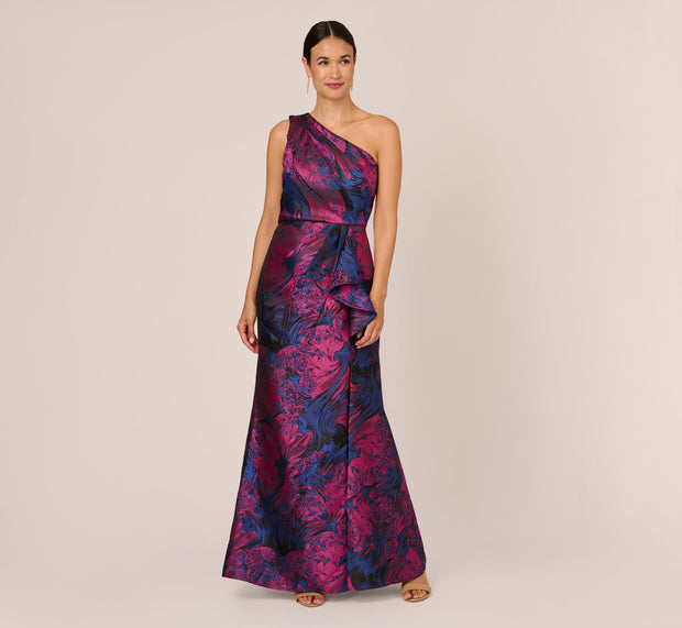 Aidan Mattox One Shoulder Jacquard Mermaid Gown With Drape Detail In Navy Orchid