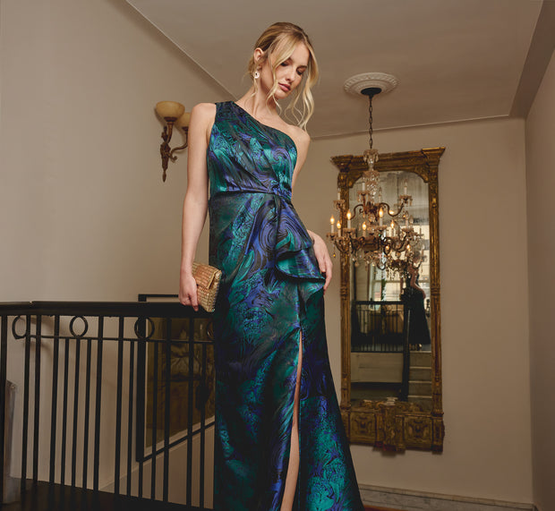 aidan mattox One Shoulder Jacquard Mermaid Gown With Drape Detail In Cobalt Teal