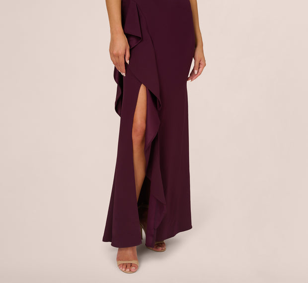 Aidan Mattox One-Shoulder Long Satin Crepe Mermaid Gown In Bordeaux Glow