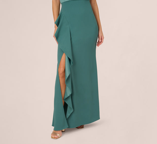 Aidan Mattox One-Shoulder Long Satin Crepe Mermaid Gown In Green Slate