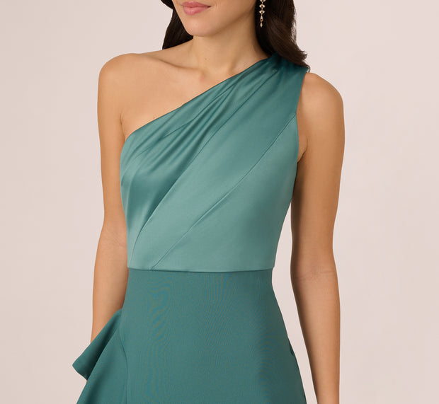 Aidan Mattox One-Shoulder Long Satin Crepe Mermaid Gown In Green Slate