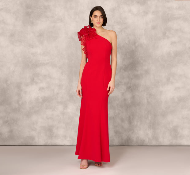 Aidan Mattox One Shoulder Mermaid Dress With Organza Sleeve In Red