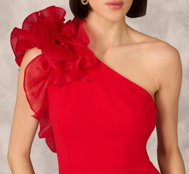 Aidan Mattox One Shoulder Mermaid Dress With Organza Sleeve In Red