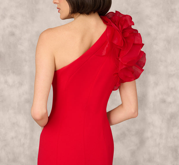 Aidan Mattox One Shoulder Mermaid Dress With Organza Sleeve In Red