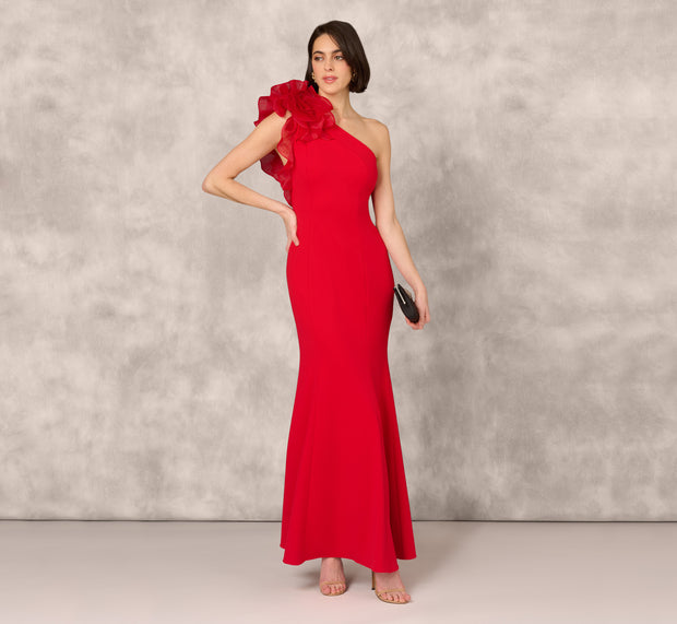 aidan mattox One Shoulder Mermaid Dress With Organza Sleeve In Red