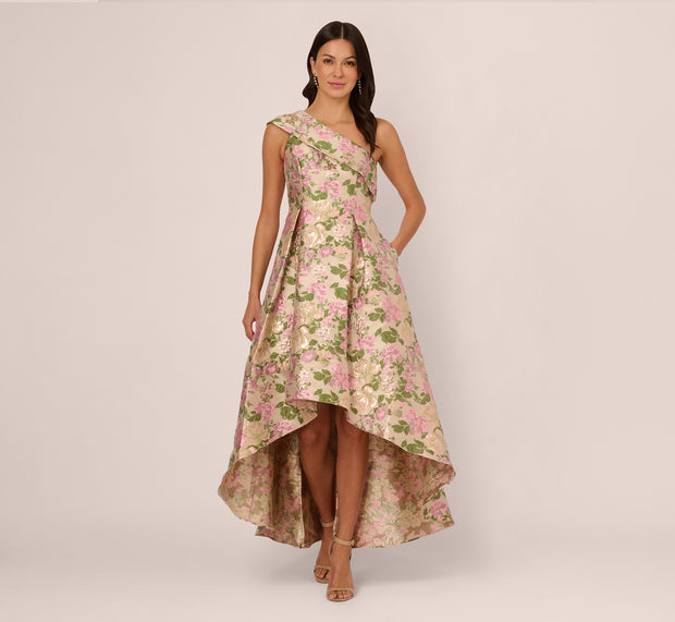 Aidan Mattox One Shoulder Metallic Floral Jacquard High Low Gown In Pink Green Mult