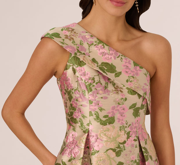 Aidan Mattox One Shoulder Metallic Floral Jacquard High Low Gown In Pink Green Mult