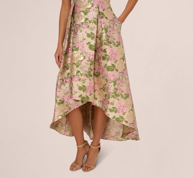 Aidan Mattox One Shoulder Metallic Floral Jacquard High Low Gown In Pink Green Mult