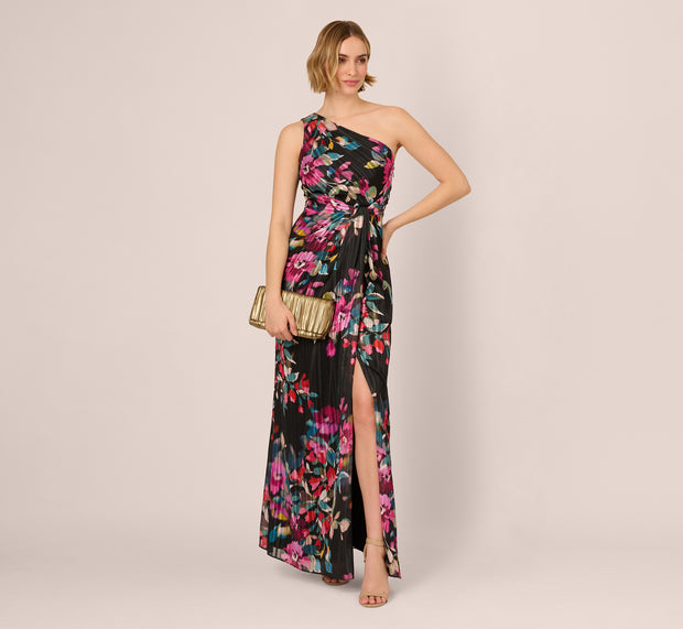 aidan mattox One Shoulder Metallic Floral Stripe Gown In Black Multi