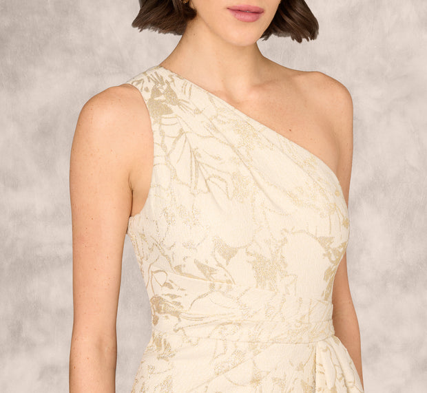 Aidan Mattox One Shoulder Metallic Stretch Jacquard Column Gown In Light Gold